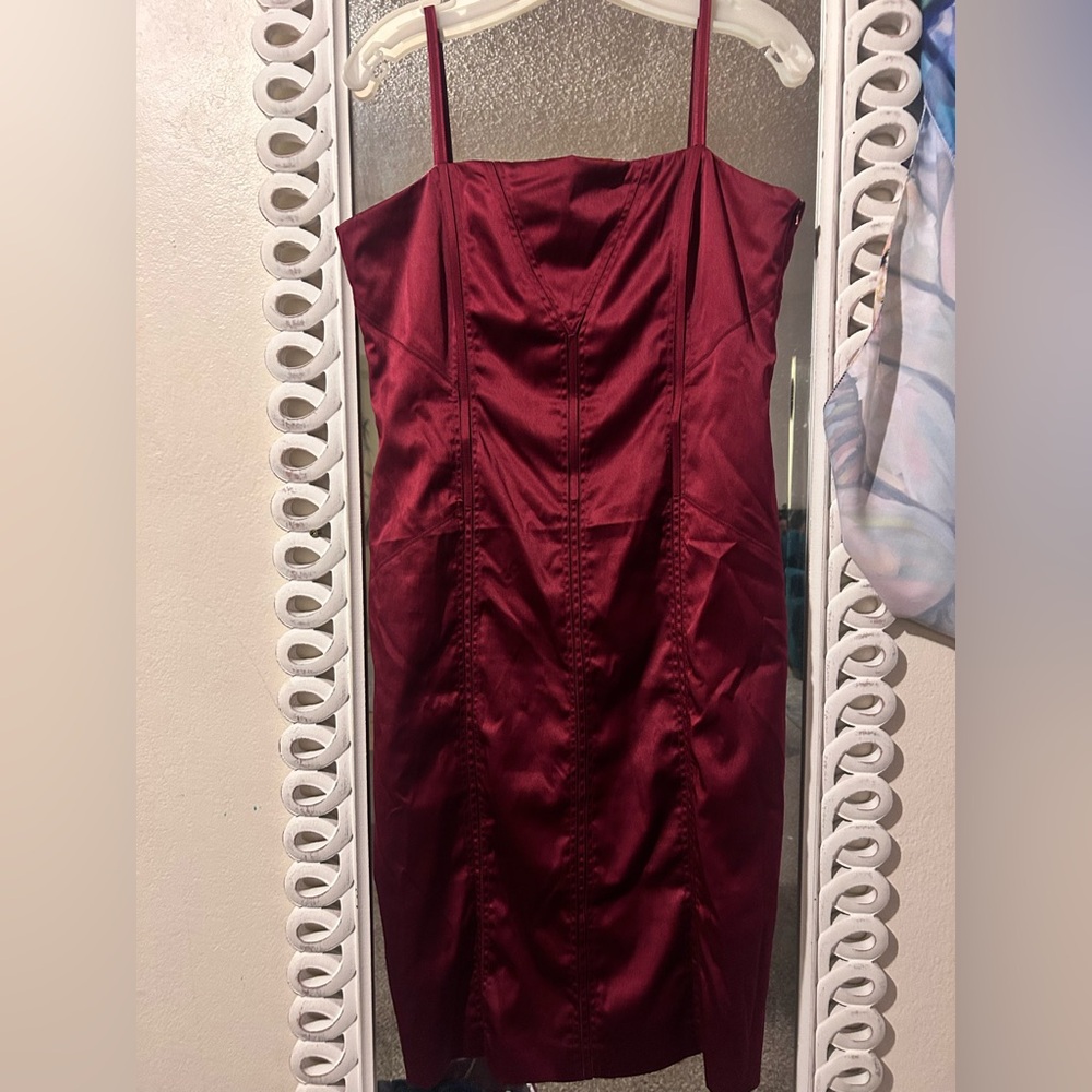 H&M Deep Red Satin Corset Backed Pencil Dress w Boning